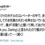 海外のエレベーターで赤ちゃんを2人抱っこして両手の塞がったママに行き先ボタンを押してあげたらダーリンと呼ばれ・・・