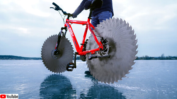 自転車のタイヤを丸ノコに変えて氷の上を走ってみた結果・・・
