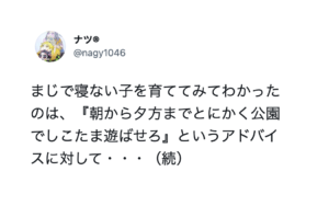 育児書などでよく見かける「寝ない子は公園でたくさん遊ばせよう」という助言。→本当に寝ない子供を育てた結果わかったことは・・・