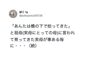 「あんたは橋の下で拾ってきた」と祖母に言われて育ってきた母は今でも・・・涙が出る。