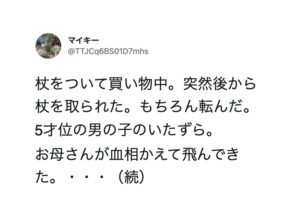買い物中、小さな男児に突然後ろから杖を取られ転倒した女性。→母親が血相を変えて飛んできて・・・え？