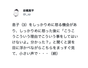 息子を強めに怒った後なぜダメなのか理由を伝えたら、涙を目に浮かべながら小さい声で・・・吹いたw
