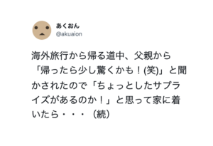 海外旅行から帰る道中、父親から「帰ったら少し驚くかも」と言われなんのサプライズかと期待していたら・・・はぁっ？！